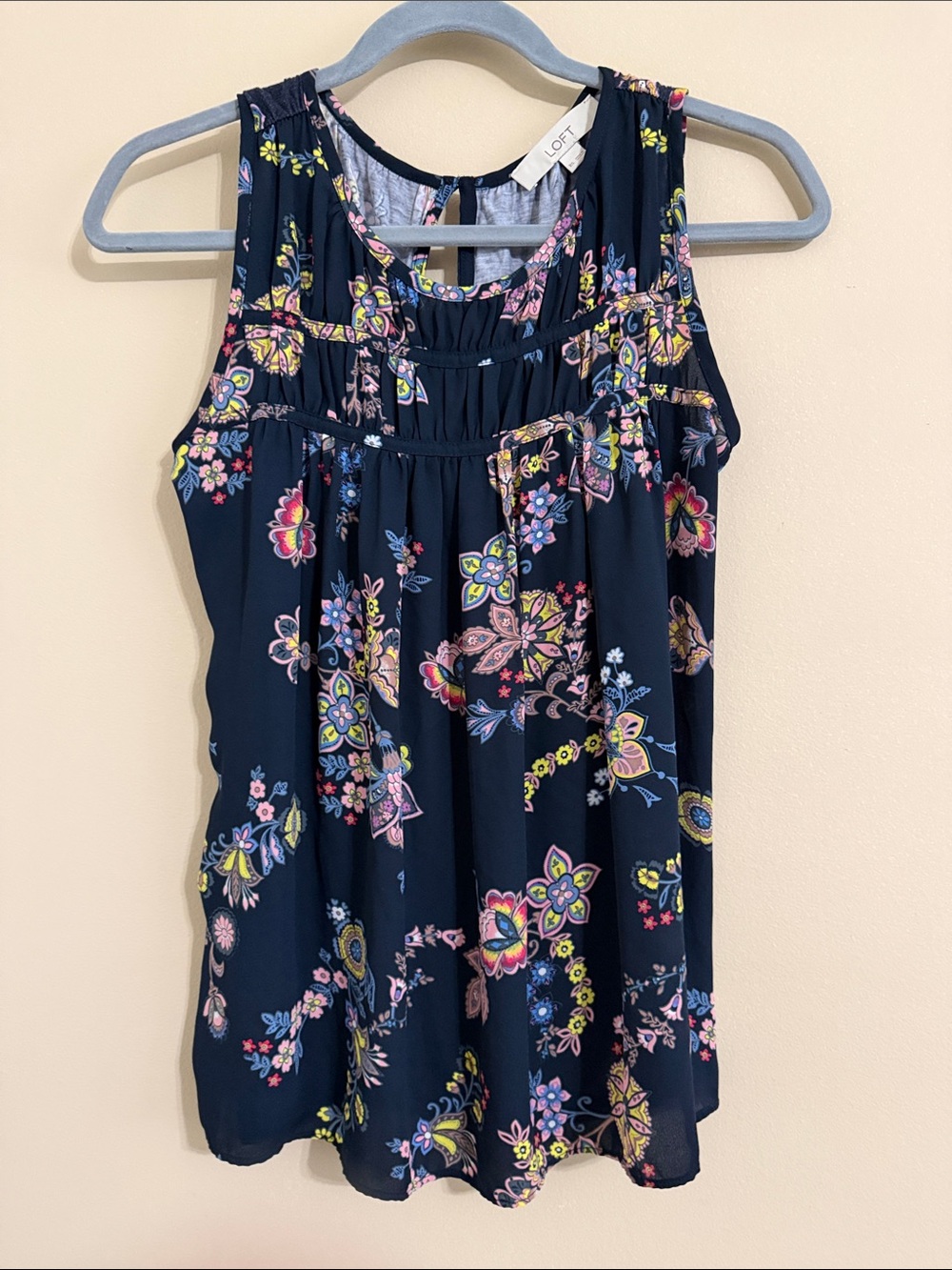 LOFT Navy Floral Sleeveless Tank with Pink and Yellow Accents